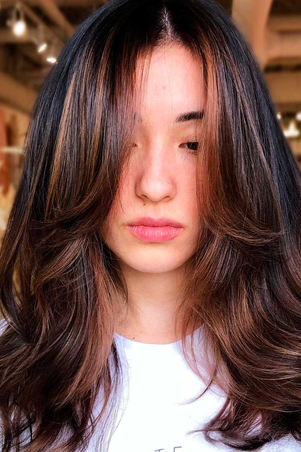 Long Deep Brown Hair with Long Face-Framing Fringe