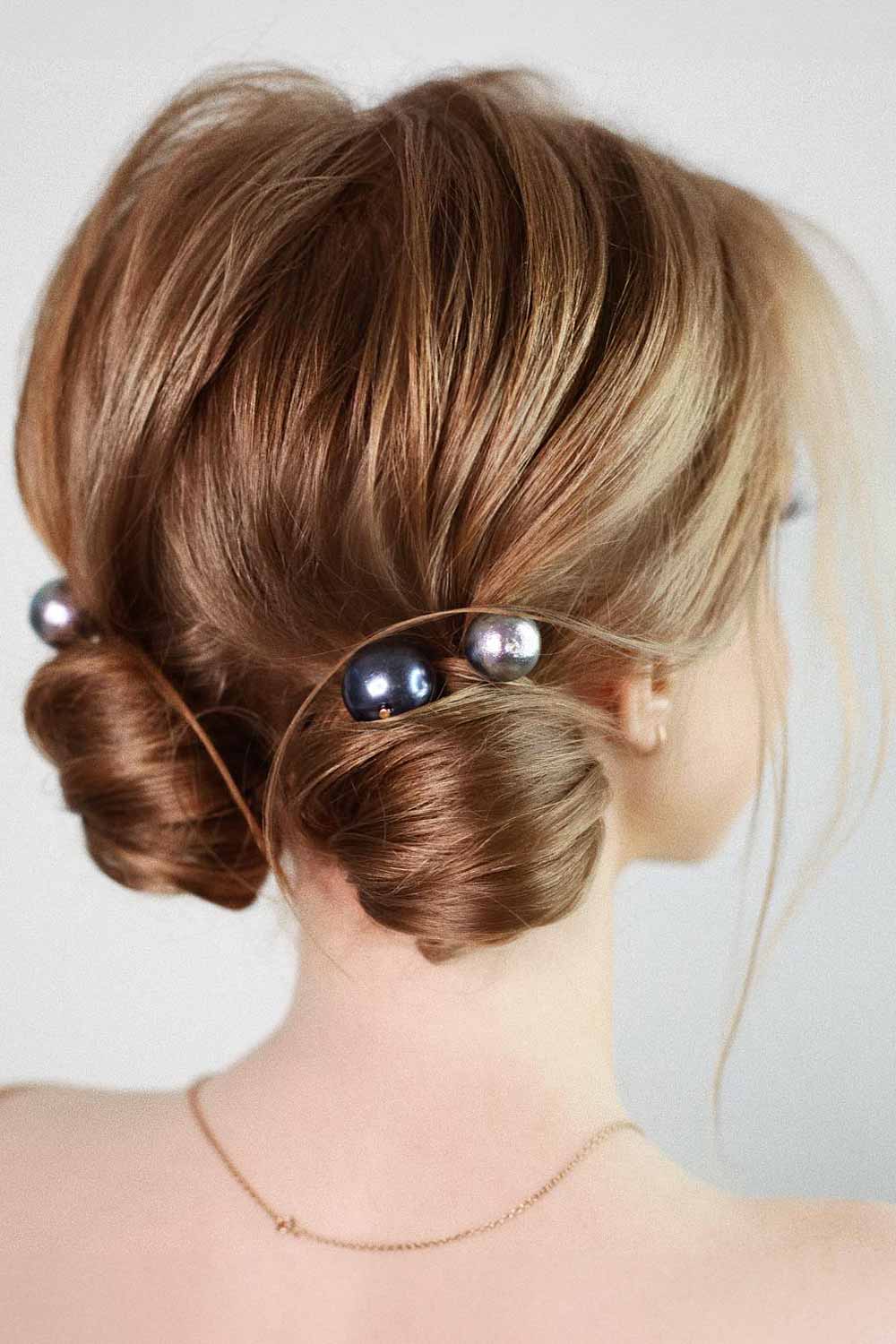 Medium Length Straight Reddish Hair Double Messy Bun Updo Grey Pearl Pins #fallhairstylestrends #hairstylestrends #trends
