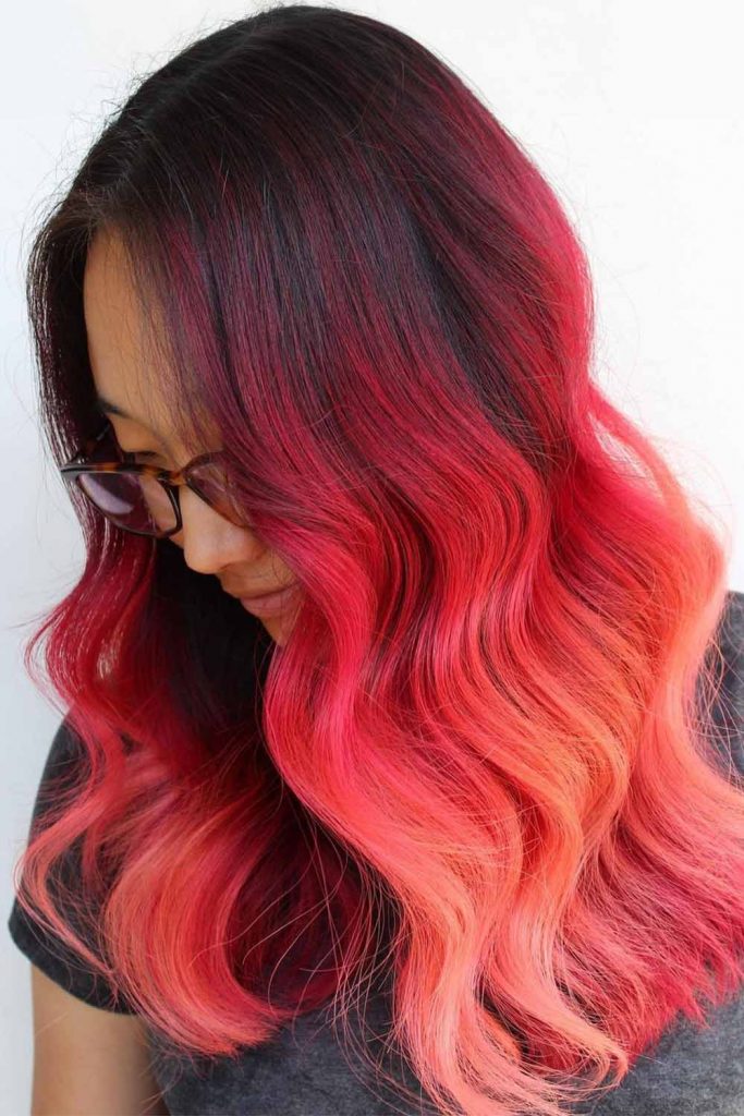 From Red to Peach Ombre with Dark Roots