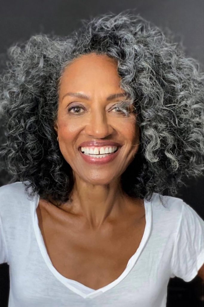 Curly Salt and Pepper Long Bob